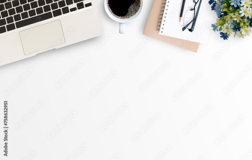 White minimal office desk table with laptop computer