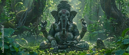 Lord Ganesha in the jungle, meditating in green photo