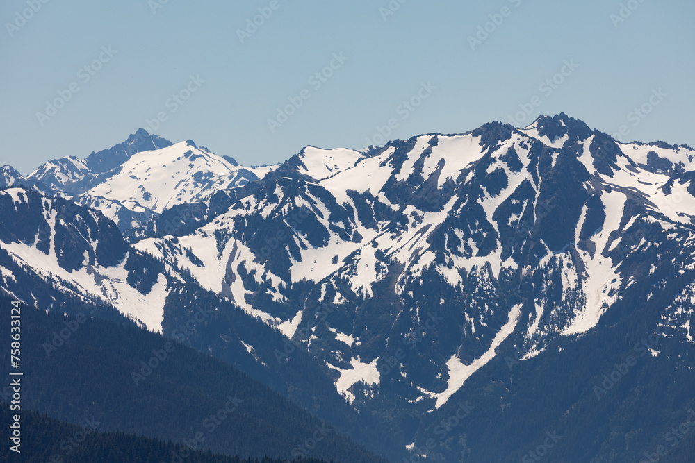 Olympic Mountain range as seen from Hurricane Ridge in Olympic National Park, Washington, with its  snow covered glacial peaks