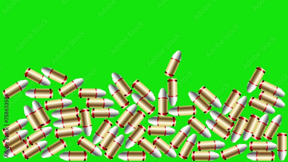 Bullet green screen animation. Pile of bullets falls and bounces from ...