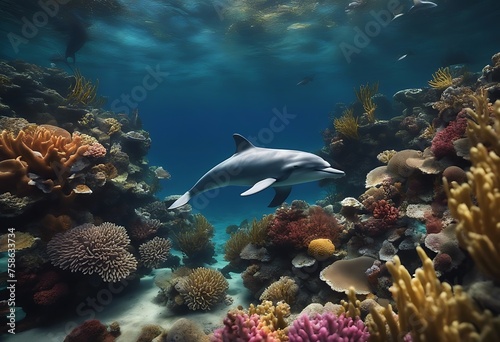 Dolphins Swims Through Vibrant Underwater Marine Life Amid Colorful Ocean Fishes. A Generative AI © Creatively