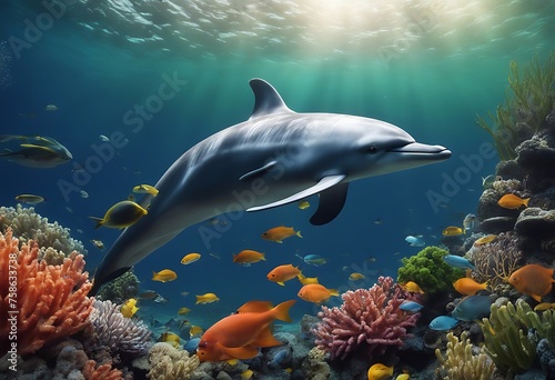 Dolphins Swims Through Vibrant Underwater Marine Life Amid Colorful Ocean Fishes. A Generative AI