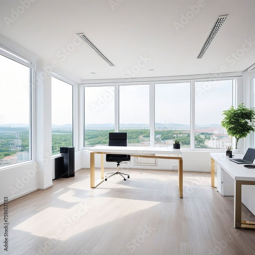 Modern white office interior with furniture and daylight. 3D Rendering