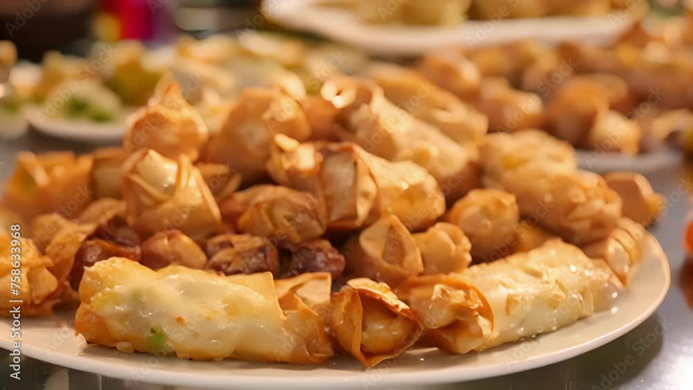 A plate of crispy fried spring rolls and steaming hot potstickers both popular dishes enjoyed during Chinese New Year celebrations. A plate of crispy fried spring rolls and steaming hot potstickers both popular dishes enjoyed during Chinese New Year celebrations.
