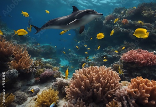 Dolphins Swims Through Vibrant Underwater Marine Life Amid Colorful Ocean Fishes. A Generative AI