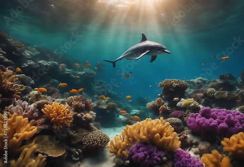 Dolphins Swims Through Vibrant Underwater Marine Life Amid Colorful Ocean Fishes. A Generative AI