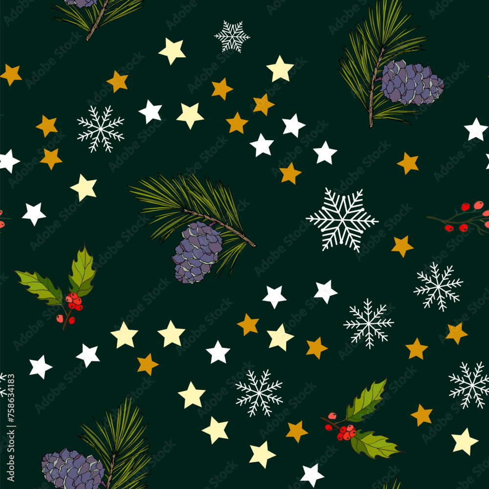 Obraz premium Christmas seamless pattern with holly, pine and stars. Vector illustration,