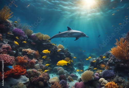 Dolphins Swims Through Vibrant Underwater Marine Life Amid Colorful Ocean Fishes. A Generative AI