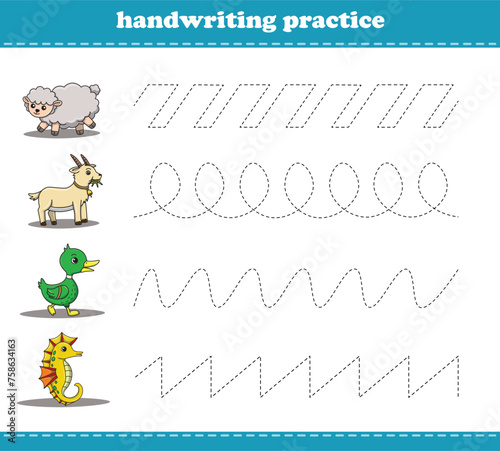 Worksheet for practicing fine kids motor skills. Handwriting practice with wild animals. Vector