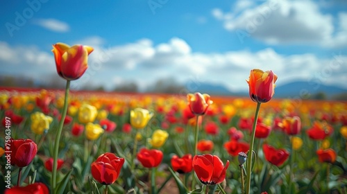 Vibrant red and yellow tulips bloom against a clear blue sky