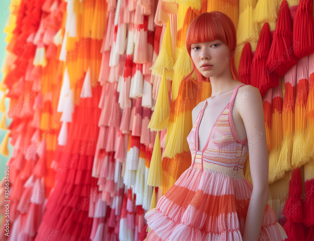 Fashion editorial Concept. Trendy young asian woman in cute bright yarn couture layer colourful dress by wall full of bright wool woollen. copy text space
Fashion editorial Concept. Trendy young asian woman in cute bright yarn couture layer colourful dress by wall full of bright wool woollen. copy text space