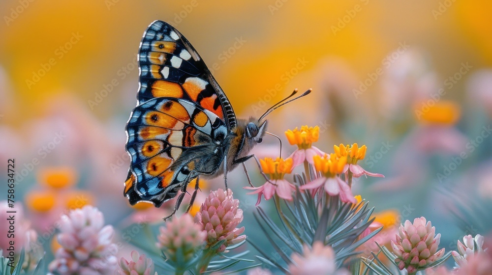 Fototapeta premium Butterfly rests on a pink flower as a pollinator in the natural landscape