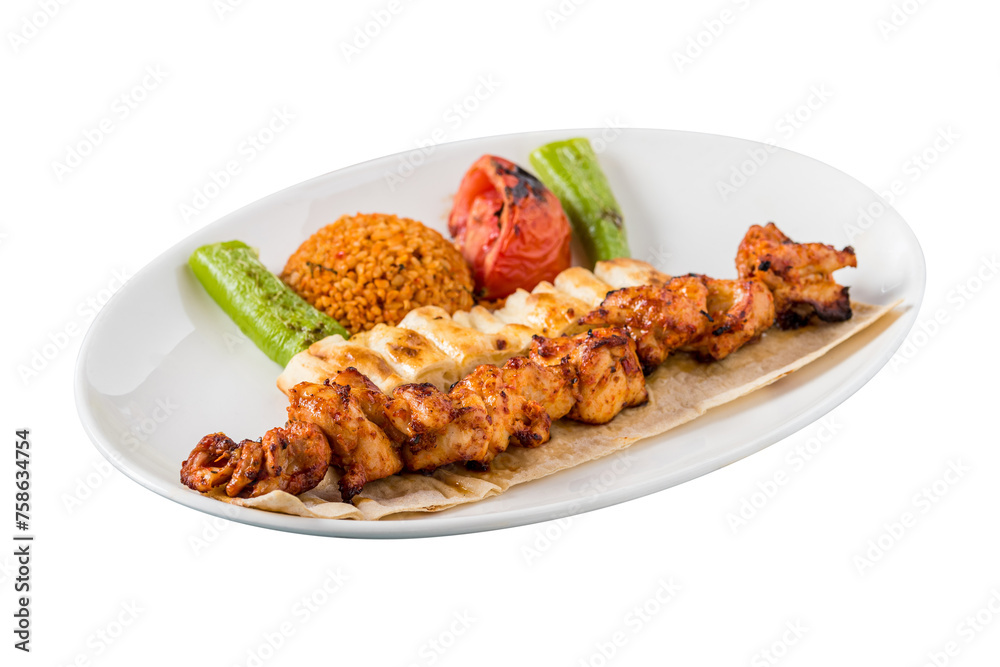 Traditional Turkish grilled Chicken shish kebab with vegetables grilled on skewers