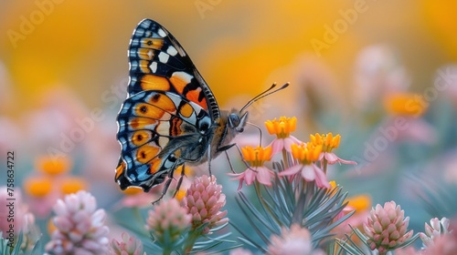 Butterfly rests on a pink flower as a pollinator in the natural landscape