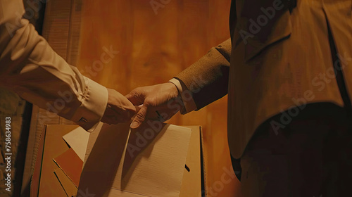 Two people in a dimly lit room exchange a document from a cardboard box hinting at a secretive or important transaction