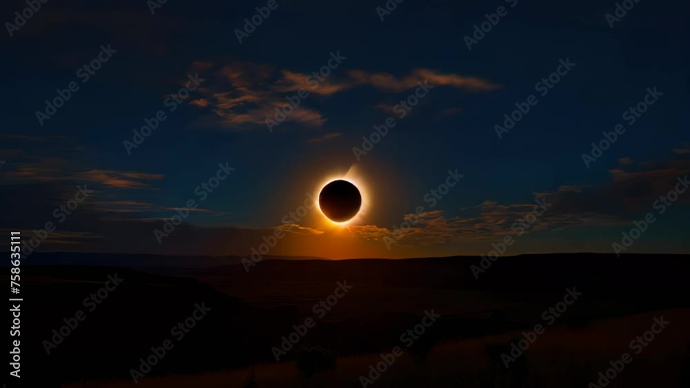 Total Solar Eclipse Sun Light Glowing in dark sky, black background. Mysterious natural phenomenon. Moon passes between planet Earth and Sun. Beautiful landscape with solar eclipse.