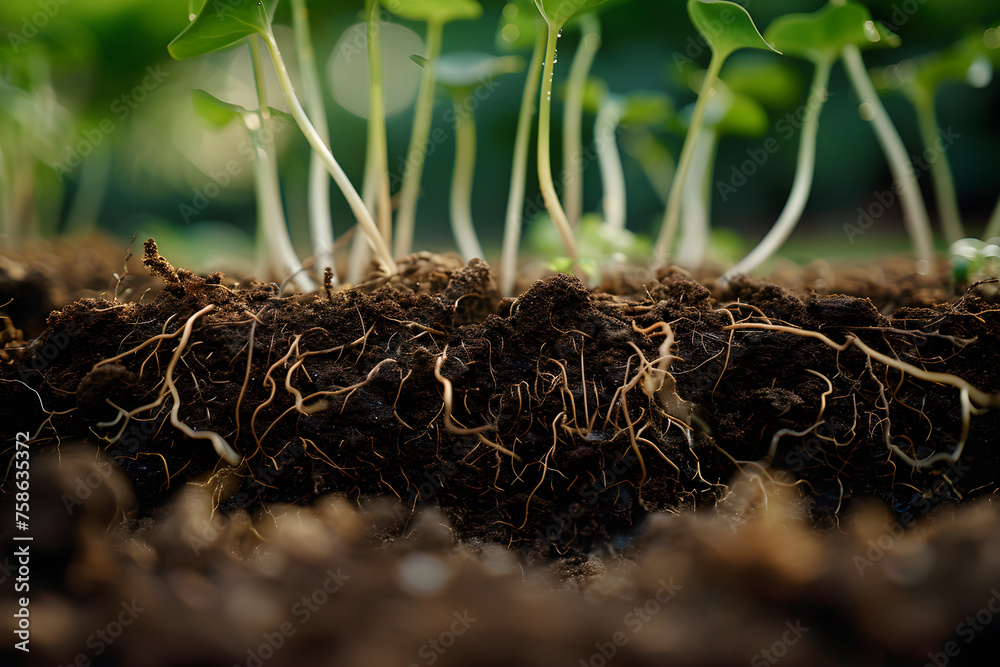 Closeup of plant roots growing underground with layers of soil in a
