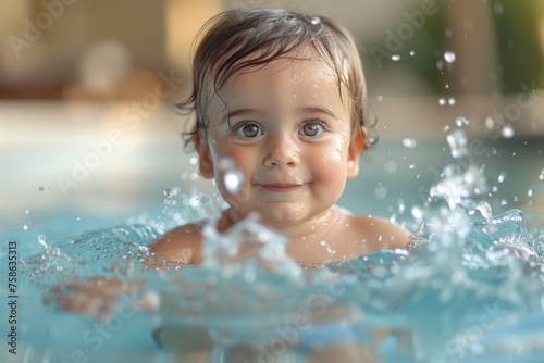 The babys face and eyes express pure joy as they swim in the pool