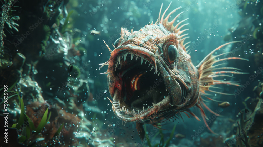 A fierce deep sea fish with sharp teeth is swimming in its murky underwater environment, surrounded by marine flora. A fierce deep sea fish with sharp teeth is swimming in its murky underwater environment, surrounded by marine flora.