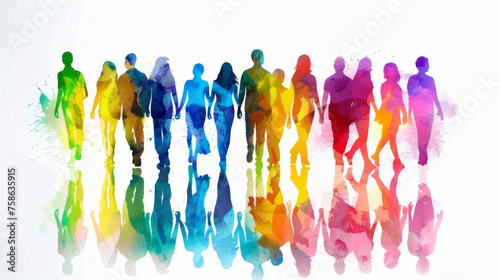 Artistic representation of a diverse group of people as colorful watercolor silhouettes in motion, reflecting unity in diversity.