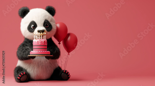 An adorable 3D cartoon panda holding a birthday cake with candles alongside red balloons against a pink background. © AI Art Factory