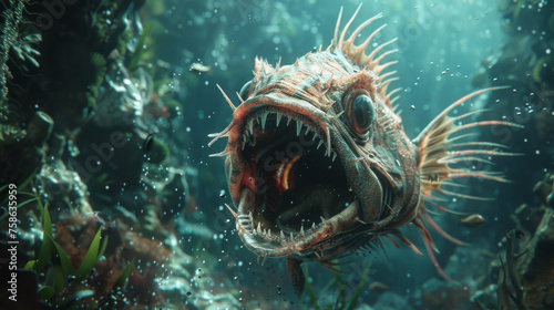 A fierce deep sea fish with sharp teeth is swimming in its murky underwater environment, surrounded by marine flora.
