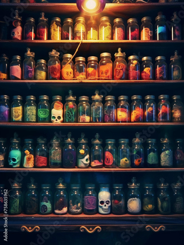 Bottles of witch craft bottle placed tidily on the wood shelf 