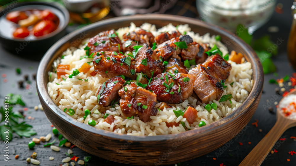 Tender slices of glazed pork belly lay atop a bed of steamed rice, garnished with fresh greens, served in a rustic wooden bowl. Tender slices of glazed pork belly lay atop a bed of steamed rice, garnished with fresh greens, served in a rustic wooden bowl.