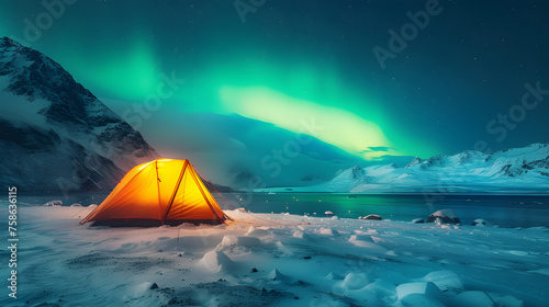 A glowing yellow camping tent under a beautiful green light, Generative Ai