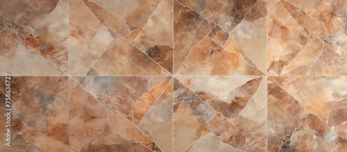 A close up of a tile with a geometric pattern on it featuring shades of Brown, Beige, Peach. The Art on the Wood flooring resembles Bedrock or Rock painting