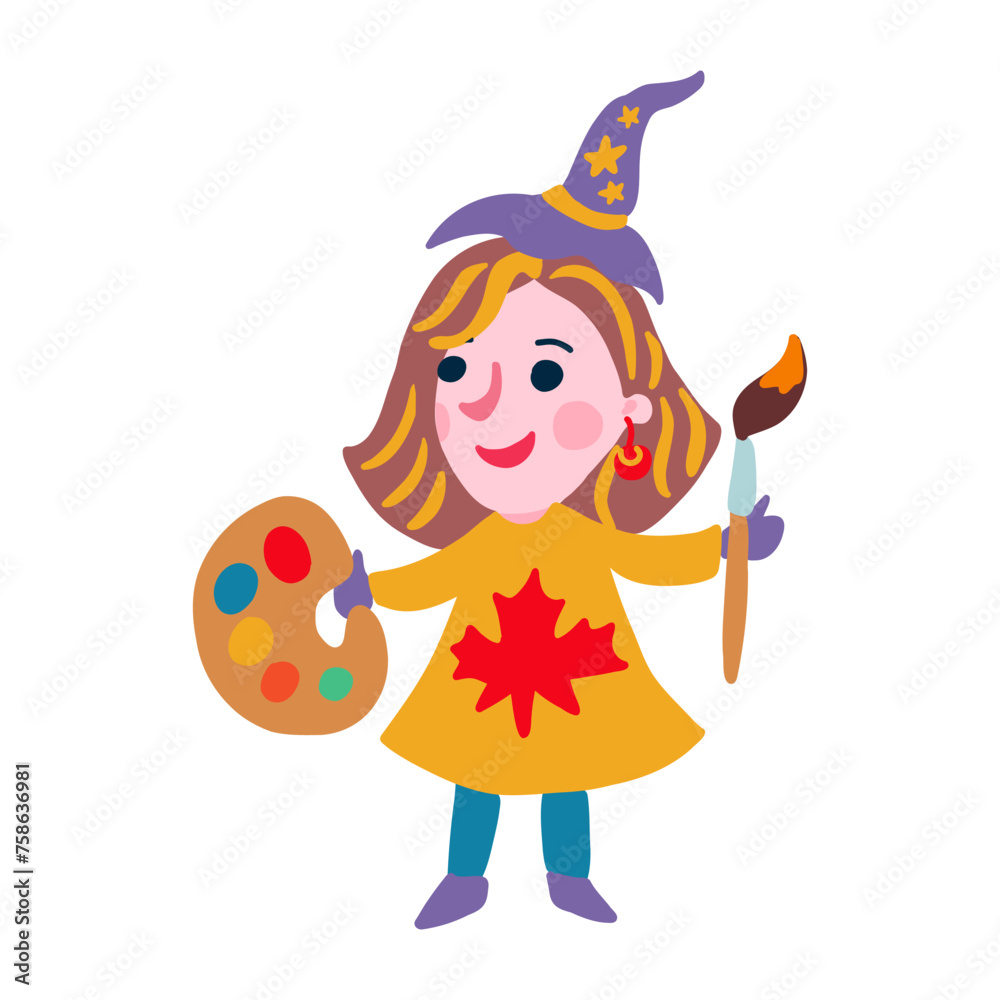 Cute little girl in yellow dress with maple leaf, violet hat, artist with brush and color palette, enchantress cartoon vector illustration isolated on white, fairy kid for design holiday greeting card