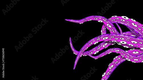 Animated tentacles move fluidly and dynamically. Purple octopus tentacles.  Transparent 4K Alpha Channel.  Seamless loop. Perfect for movies, pattern, ornament, presentation.