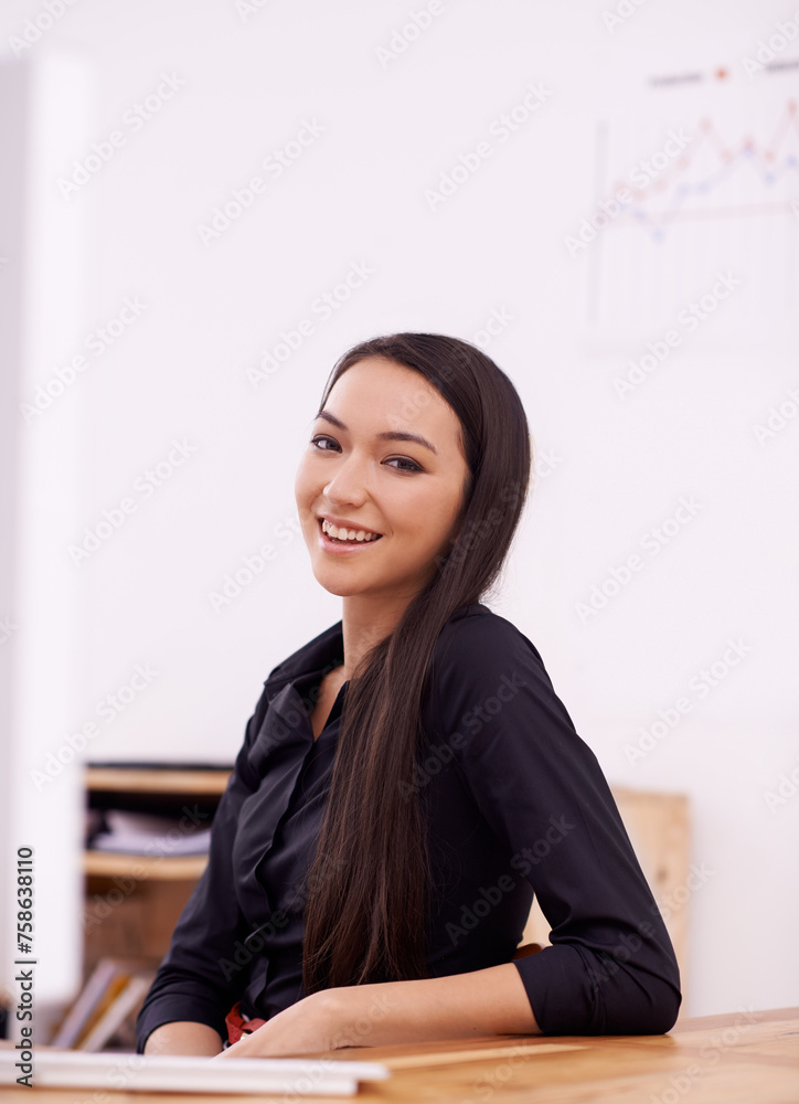 Office, professional and portrait of business Asian woman with confidence, pride and positive attitude. Creative startup, consultant and worker at desk for career, job and working in modern building Office, professional and portrait of business Asian woman with confidence, pride and positive attitude. Creative startup, consultant and worker at desk for career, job and working in modern building