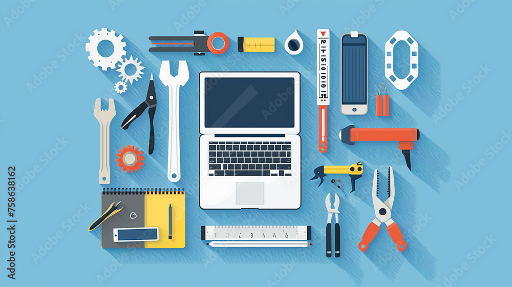Laptop and around it technology tools on blue background. Flatlay layout. Top view. Day of the technical support worker. Laptop and around it technology tools on blue background. Flatlay layout. Top view. Day of the technical support worker.