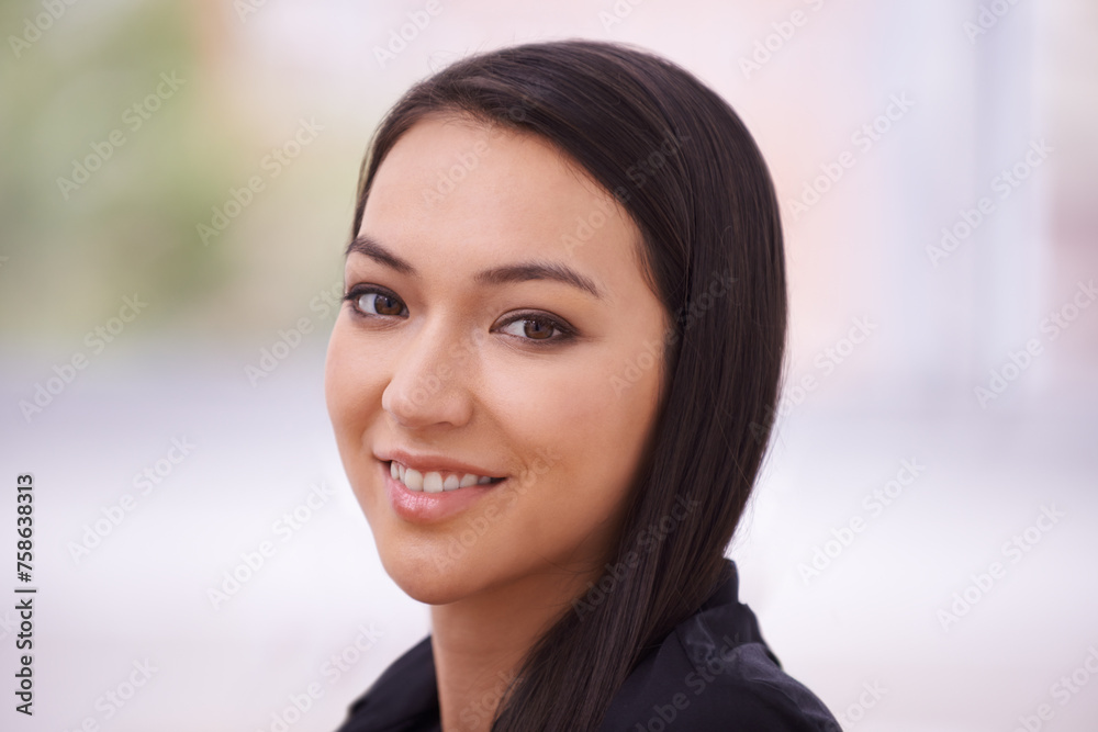 Business, portrait and happy woman in city street for travel, journey or morning commute to work. Travel, face or female worker outdoor with confidence, smile or positive attitude for job opportunity Business, portrait and happy woman in city street for travel, journey or morning commute to work. Travel, face or female worker outdoor with confidence, smile or positive attitude for job opportunity