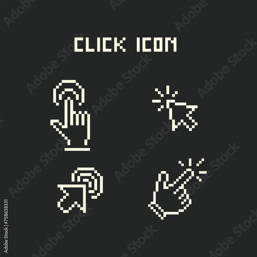 this is click icon 1 bit style in pixel art with simple color and black background ,this item good for presentations,stickers, icons, t shirt design,game asset,logo and your project.