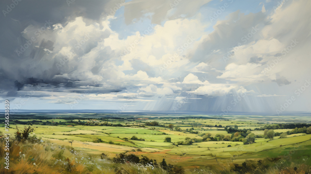 An oil painting of an English countryside view 