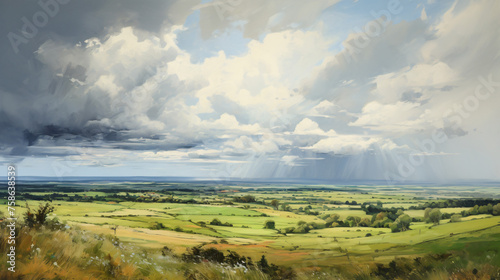 An oil painting of an English countryside view 