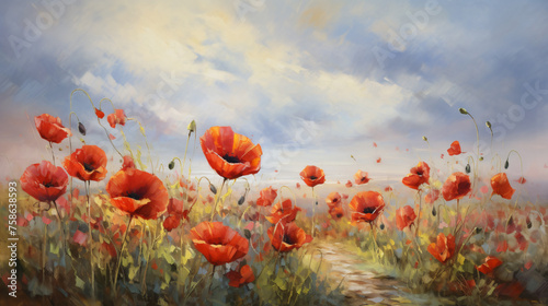 An oil painting of red poppies in a field. .. © Natia