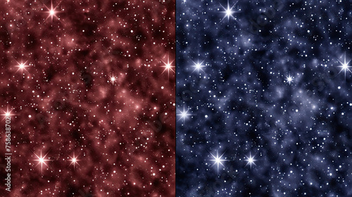A splitscreen image contrasting red and blue starfilled nebulae representing astronomical entities in outer space photo