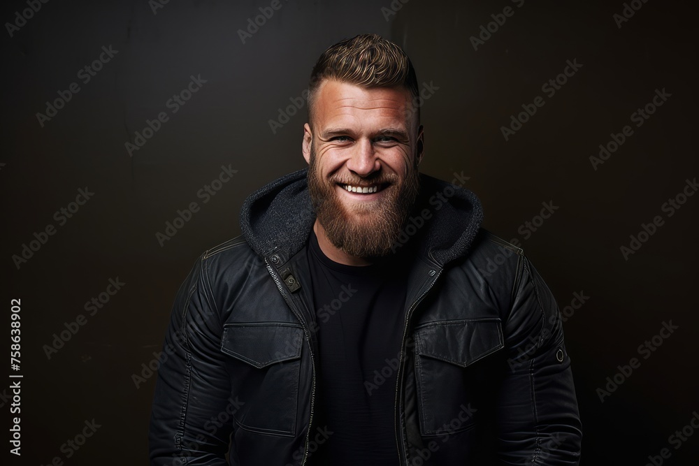 Portrait of a handsome young man with a beard wearing a black leather jacket