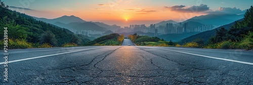 Asphalt highway road and modern city buildings at sunset in Shanghai