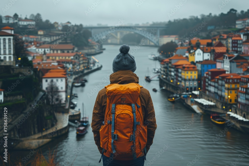 Reflective Journey: Traveler Contemplates over a Historical Riverfront Reflective Journey: Traveler Contemplates over a Historical Riverfront