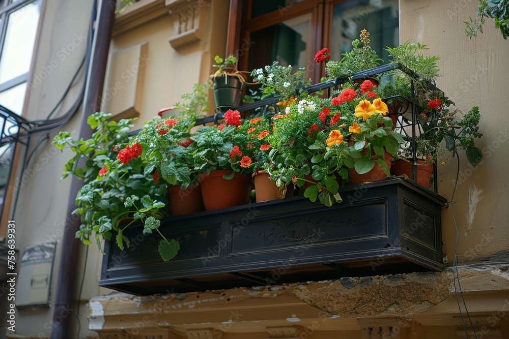 Charming Urban Greenery: Flourishing Balcony Flower Box in the City