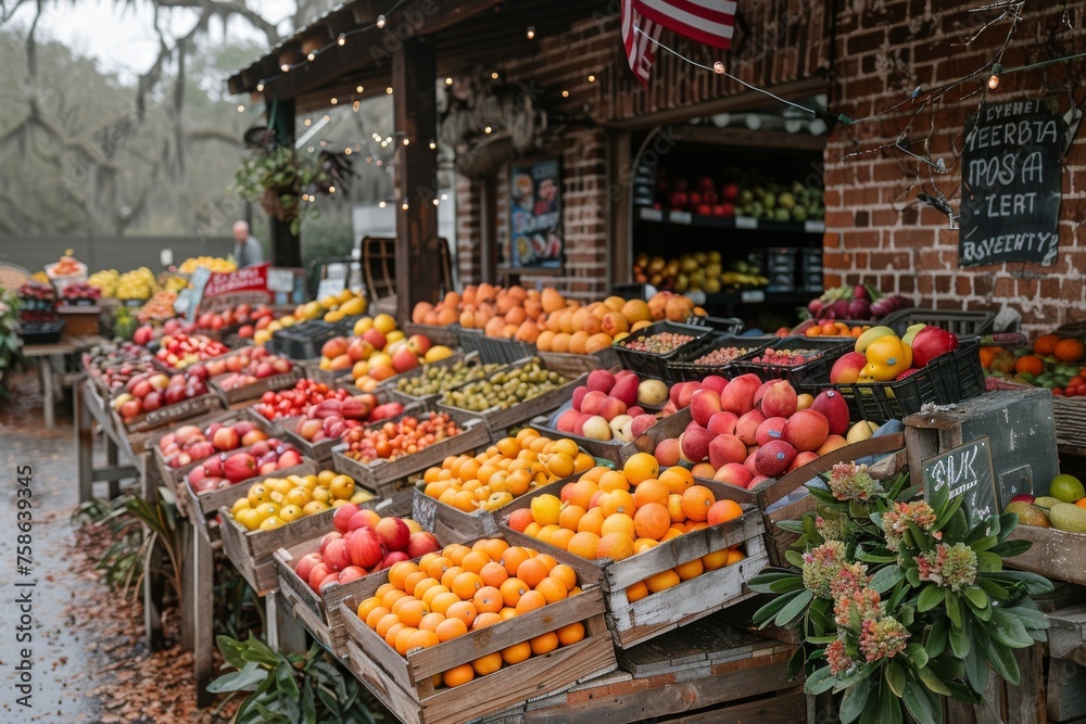 Bountiful Harvest: Vibrant Fruit Display at Rustic Outdoor Market