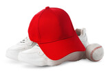 Red Baseball Cap, White Sneakers, and Ball on a white Background