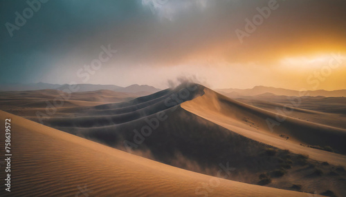 Tall symmetrical sand dunes scene from a movie  dramatic sunset  landscape  cinematic  sands