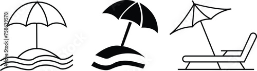 Set of beach umbrella and chair flat icons isolated on white background, sunbed and umbrella, sea, icon for vacationers, vector