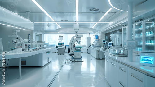 A futuristic laboratory interior with high-tech equipment and blue lighting. The space is clean and organized  featuring an array of devices for scientific research