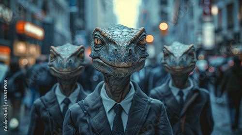 Three humanoid figures with lizard-like heads wearing business suits stand in an urban setting, suggesting a blend of fantasy and reality.